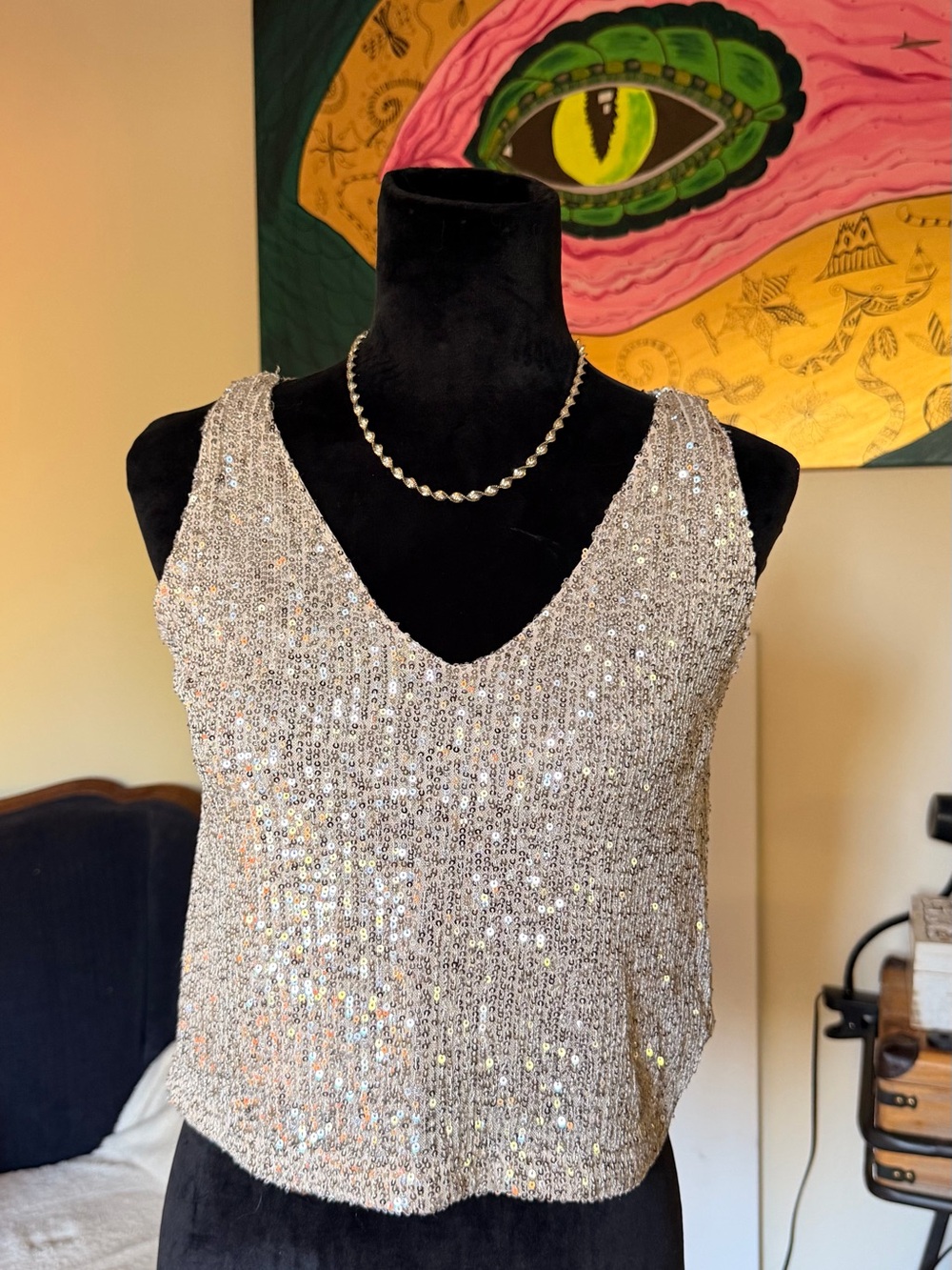 Sequin V-Neck Tank Top - Gold